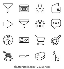 Thin line icon set : funnel, calendar, virus, wallet, right arrow, house, sms, earth, check in, cart, pan, rocking chair, steake, wine