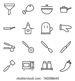 Thin line icon set : funnel, chicken leg, cauldron, saute pan, apron, cook glove, garlic clasp, skimmer, spatula, knife, meat hammer, microwave oven, salt pepper, hot