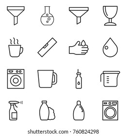 Thin line icon set : funnel, round flask, wineglass, hot drink, level, acid, drop, washing machine, cup, vegetable oil, measuring, sprayer, shampoo, cleanser