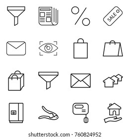 Thin line icon set : funnel, newspaper, percent, sale, mail, eye identity, shopping bag, houses, fridge, walnut crack, mixer, housing