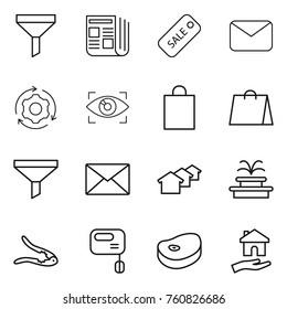 Thin line icon set : funnel, newspaper, sale, mail, around gear, eye identity, shopping bag, houses, fountain, walnut crack, mixer, steake, housing