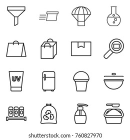 Thin line icon set : funnel, delivery, parachute, round flask, shopping bag, package box, cargo search, uv cream, fridge, bucket, cauldron, spices, garbage, liquid soap, washing powder