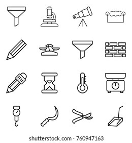 Thin line icon set : funnel, microscope, telescope, electrostatic, pencil, scales, brick wall, sand clock, thermometer, kitchen, handle, sickle, pruner, scoop