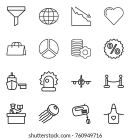 Thin line icon set : funnel, globe, crisis, heart, shopping bag, diagram, virtual mining, percent, port, alarm, plane, vip fence, inspector, jellyfish, mixer, apron