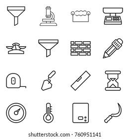 Thin line icon set : funnel, microscope, electrostatic, market scales, brick wall, pencil, measuring tape, construction, level, sand clock, barometer, thermometer, kitchen, sickle