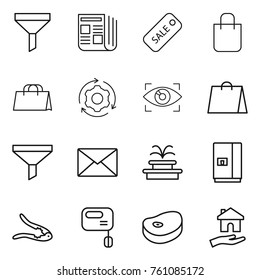 Thin line icon set : funnel, newspaper, sale, shopping bag, around gear, eye identity, mail, fountain, fridge, walnut crack, mixer, steake, housing