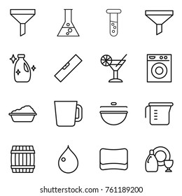 Thin line icon set : funnel, flask, vial, cleanser, level, cocktail, washing machine, cup, cauldron, measuring, barrel, drop, sponge, dish
