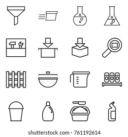 Thin line icon set : funnel, delivery, round flask, tools, package, cargo search, pallet, cauldron, measuring cup, spices, bucket, cleanser, washing powder, toilet