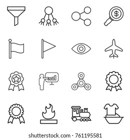 Thin line icon set : funnel, share, dollar magnifier, flag, eye, plane, medal, presentation, spinner, flammable, train, handle washing