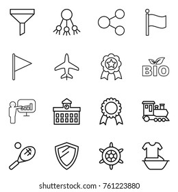 Thin line icon set : funnel, share, flag, plane, medal, bio, presentation, university, train, tennis, shield, handwheel, handle washing