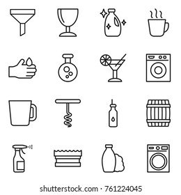 Thin line icon set : funnel, wineglass, cleanser, hot drink, acid, chemical, cocktail, washing machine, cup, corkscrew, vegetable oil, barrel, sprayer, sponge, shampoo