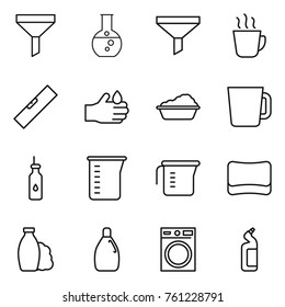Thin line icon set : funnel, round flask, hot drink, level, acid, washing, cup, vegetable oil, measuring, sponge, shampoo, cleanser, machine, toilet