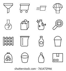 Thin line icon set : funnel, delivery, parachute, round flask, shopping bag, cleanser, cargo search, pallet, measuring cup, ketchup, bucket, garbage, package