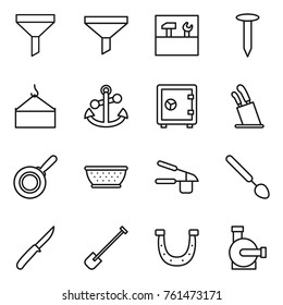 Thin line icon set : funnel, tools, nail, loading crane, anchor, safe, stands for knives, pan, colander, garlic clasp, big spoon, knife, shovel, horseshoe, water pump