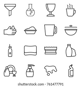 Thin line icon set : funnel, round flask, wineglass, hot drink, acid, washing, cup, cauldron, vegetable oil, sponge, shampoo, dish cleanser, liquid soap, spot, toilet