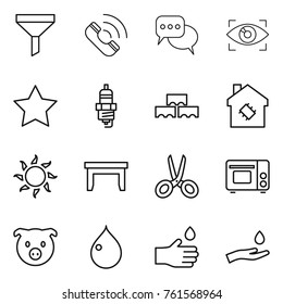 Thin line icon set : funnel, call, discussion, eye identity, star, spark plug, block wall, smart house, sun, table, scissors, grill oven, pig, drop, hand, and