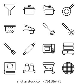Thin line icon set : funnel, pan, steam, colander, garlic clasp, whisk, skimmer, big fork, rolling pin, grill oven, double boiler, cooking book, salt pepper, bbq, sieve