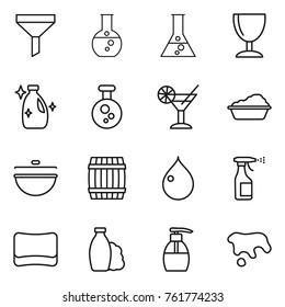 Thin line icon set : funnel, round flask, wineglass, cleanser, chemical, cocktail, washing, cauldron, barrel, drop, sprayer, sponge, shampoo, liquid soap, spot