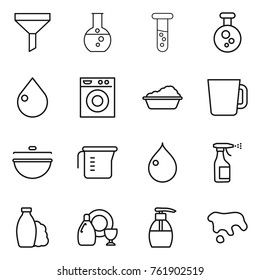 Thin line icon set : funnel, round flask, vial, chemical, drop, washing machine, cup, cauldron, measuring, sprayer, shampoo, dish cleanser, liquid soap, spot