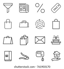 Thin line icon set : funnel, newspaper, percent, sale, shopping bag, around gear, mail, fountain, fridge, walnut crack, mixer, housing