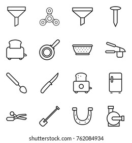 Thin line icon set : funnel, spinner, nail, toaster, pan, colander, garlic clasp, big spoon, knife, fridge, scissors, shovel, horseshoe, water pump