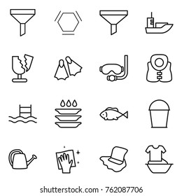 Thin line icon set : funnel, hex molecule, sea shipping, broken, flippers, diving mask, life vest, pool, plate washing, fish, bucket, watering can, wiping, floor, handle