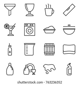 Thin line icon set : funnel, wineglass, hot drink, level, cocktail, washing machine, cauldron, vegetable oil, measuring cup, barrel, sponge, cleanser, dish, spot, toilet
