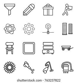 Thin line icon set : funnel, pencil, gift, courier, atom, round around, laser, skyscrapers, chair, cutting board, double boiler, trailer, flower, blower, vacuum cleaner