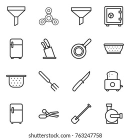 Thin line icon set : funnel, spinner, safe, fridge, stands for knives, pan, colander, big fork, knife, toaster, scissors, shovel, water pump