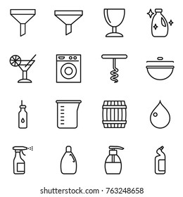 Thin line icon set : funnel, wineglass, cleanser, cocktail, washing machine, corkscrew, cauldron, vegetable oil, measuring cup, barrel, drop, sprayer, liquid soap, toilet