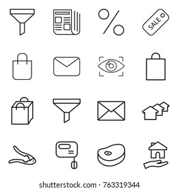 Thin line icon set : funnel, newspaper, percent, sale, shopping bag, mail, eye identity, houses, walnut crack, mixer, steake, housing
