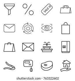 Thin line icon set : funnel, percent, sale, shopping bag, mail, around gear, eye identity, fountain, fridge, walnut crack, mixer, steake, housing