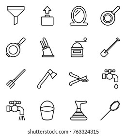 Thin line icon set : funnel, baggage, mirror, pan, knife holder, hand mill, shovel, fork, axe, pruner, water tap, bucket, plunger, duster