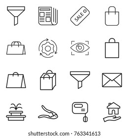 Thin line icon set : funnel, newspaper, sale, shopping bag, around gear, eye identity, mail, fountain, walnut crack, mixer, housing