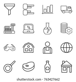 Thin line icon set : funnel, diagram, graph, truck, cashbox, notebook, round flask, virtual mining, smart glasses, house, workman, globe, pan, steake, ketchup