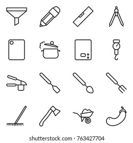 Thin line icon set : funnel, pencil, level, drawing compasses, cutting board, steam pan, kitchen scales, handle, garlic clasp, spatula, big spoon, fork, rake, axe, wheelbarrow, eggplant