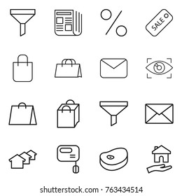 Thin line icon set : funnel, newspaper, percent, sale, shopping bag, mail, eye identity, houses, mixer, steake, housing