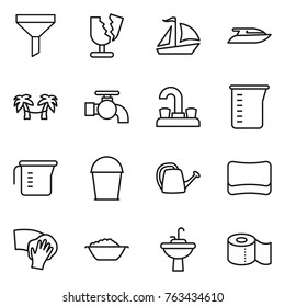 Thin line icon set : funnel, broken, sail boat, yacht, palm hammock, water tap, measuring cup, bucket, watering can, sponge, wiping, foam basin, sink, toilet paper