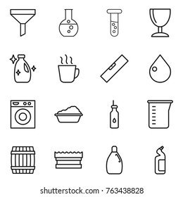 Thin line icon set : funnel, round flask, vial, wineglass, cleanser, hot drink, level, drop, washing machine, vegetable oil, measuring cup, barrel, sponge, toilet