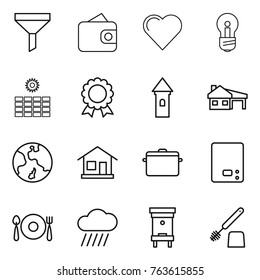 Thin line icon set : funnel, wallet, heart, bulb, sun power, medal, tower, house with garage, earth, home, pan, kitchen scales, fork spoon plate, rain cloud, hive, toilet brush