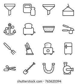 Thin line icon set : funnel, scales weight, loading crane, anchor, toaster, colander, garlic clasp, big fork, knife holder, fridge, scissors, shovel, horseshoe, water pump
