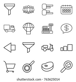 Thin line icon set : funnel, team, diagram, calendar, truck, parachute, cashbox, money message, left arrow, scooter shipping, sorting, cart, pan, steake, viruses