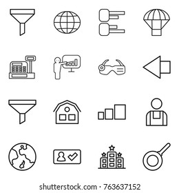 Thin line icon set : funnel, globe, diagram, parachute, cashbox, presentation, smart glasses, left arrow, house, sorting, workman, earth, check in, hotel, pan