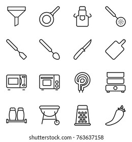 Thin line icon set : funnel, pan, apron, skimmer, spatula, big spoon, knife, cutting board, microwave oven, grill, elecric, double boiler, salt pepper, bbq, grater, hot