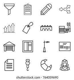 Thin line icon set : funnel, clipboard, pencil, core splitting, graph up, label, bridge, mall, garage, window, outdoor light, invoice, document, handle scales, croissant, cleaner