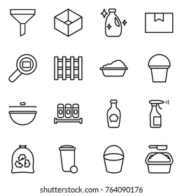 Thin line icon set : funnel, box, cleanser, package, cargo search, pallet, washing, bucket, cauldron, spices, ketchup, sprayer, garbage bag, trash bin, powder