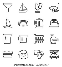 Thin line icon set : funnel, boat, broken, diving mask, windsurfing, inflatable pool, kettle, measuring cup, watering, water pump, sponge, soap, wiping, car wash