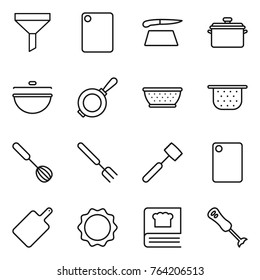 Thin line icon set : funnel, cutting board, pan, cauldron, colander, whisk, big fork, meat hammer, induction oven, cooking book, blender