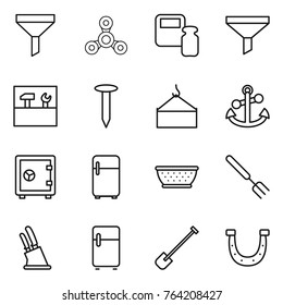 Thin line icon set : funnel, spinner, scales weight, tools, nail, loading crane, anchor, safe, fridge, colander, big fork, knife holder, shovel, horseshoe