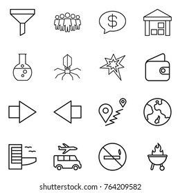 Thin line icon set : funnel, team, money message, warehouse, round flask, virus, bang, wallet, right arrow, left, route, earth, hotel, transfer, no smoking, bbq